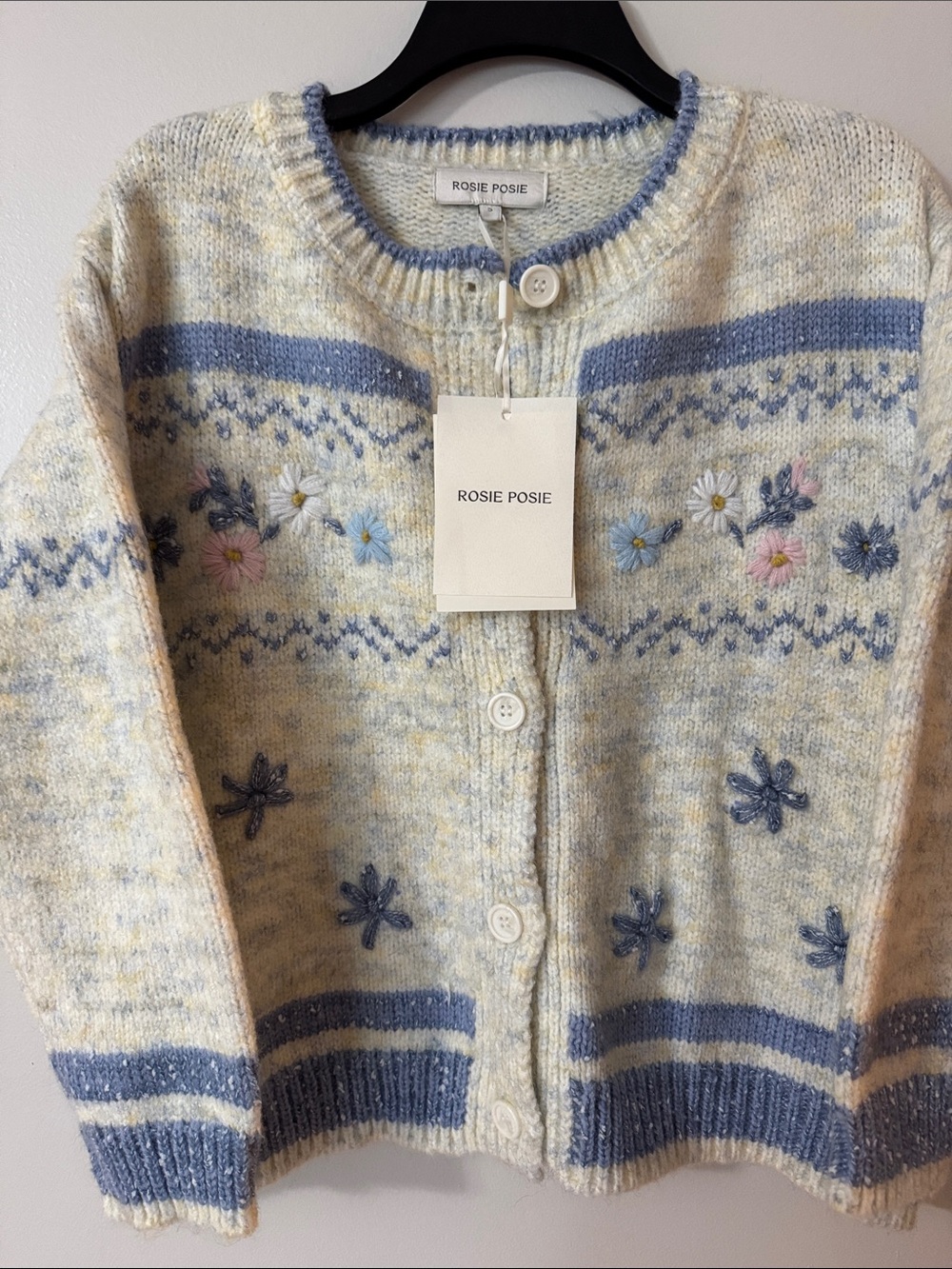 Rosie Posie Cream and Blue Floral Knit Cardigan Small VERY CUTE